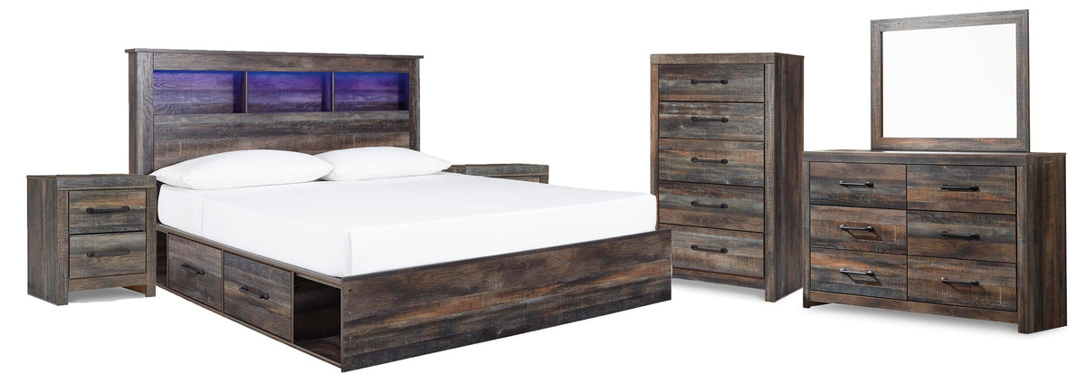 Drystan Bookcase Bed with 4 Storage Drawers Set - King, Mirrored Dresser, Chest and 2 Nightstands