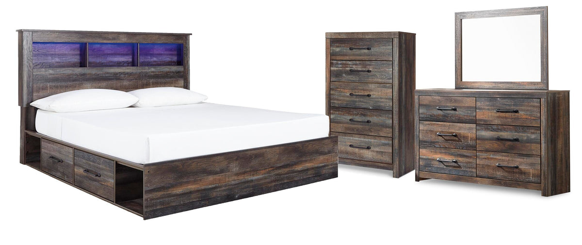 Drystan Bookcase Bed with 4 Storage Drawers Set - King, Mirrored Dresser and Chest