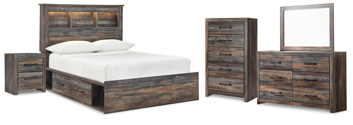 Drystan Bookcase Bed with 4 Storage Drawers Set - Full, Mirrored Dresser, Chest and Nightstand