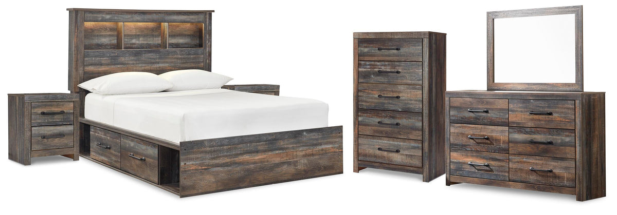 Drystan Bookcase Bed with 4 Storage Drawers Set - Full, Mirrored Dresser, Chest and 2 Nightstands