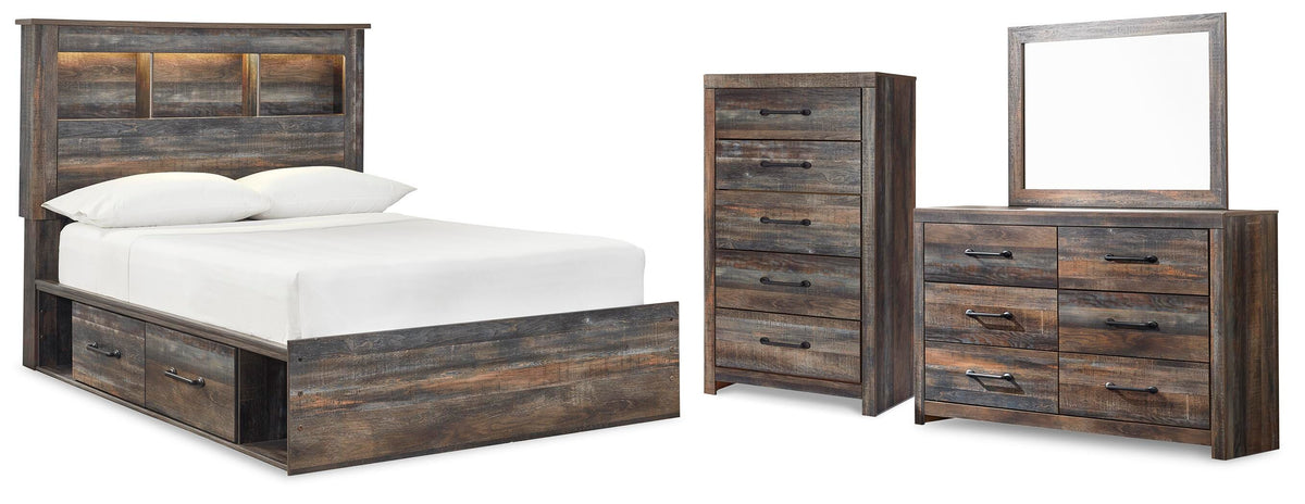 Drystan Bookcase Bed with 4 Storage Drawers Set - Full, Mirrored Dresser and Chest