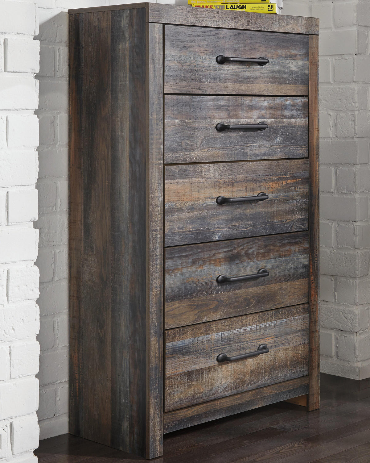 Drystan Bookcase Bed with 4 Storage Drawers Set - Full, Mirrored Dresser, Chest and Nightstand