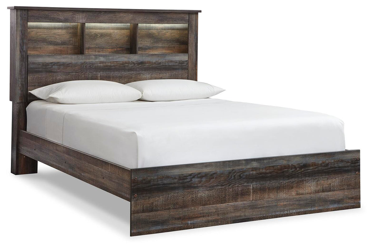 Drystan Queen Bookcase Panel Bed, Dresser, Mirror Chest and Nightstand