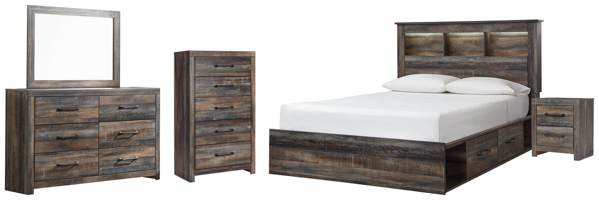 Drystan Bookcase Bed with 4 Storage Drawers Set - Queen, Dresser, Mirror, Chest and Nightstand