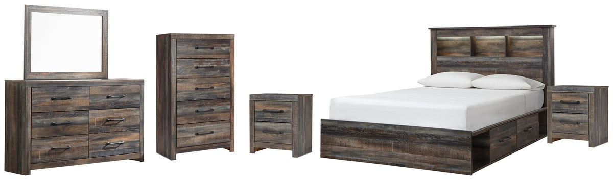 Drystan Bookcase Bed with 4 Storage Drawers Set - Queen, Dresser, Mirror, Chest and 2 Nightstands