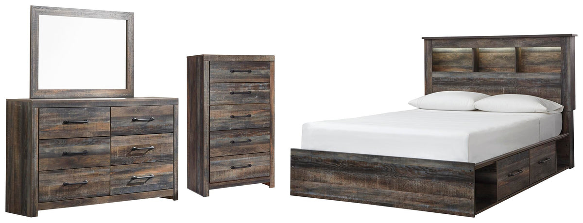 Drystan Bookcase Bed with 4 Storage Drawers Set - Queen, Dresser, Mirror and Chest