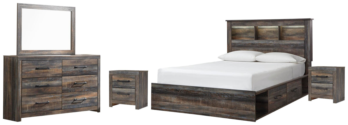 Drystan Bookcase Bed with 4 Storage Drawers Set - Queen, Dresser, Mirror and 2 Nightstands
