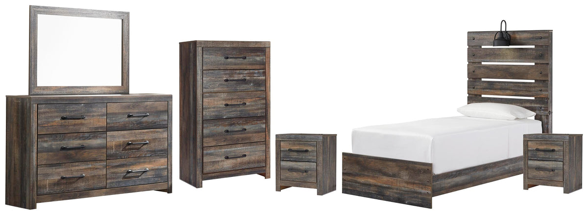 Drystan Panel Bed Set - Twin, Dresser, Mirror, Chest and 2 Nightstands