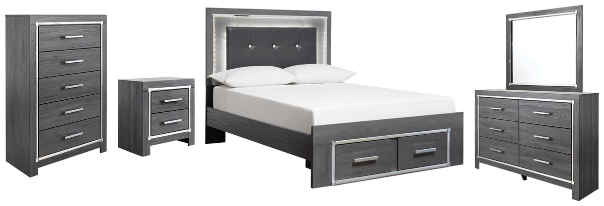 Lodanna Panel Bed with 2 Storage Drawers Set - Full, Mirrored Dresser, Chest and Nightstand