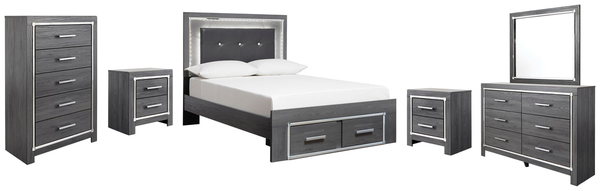 Lodanna Panel Bed with 2 Storage Drawers Set - Full, Mirrored Dresser, Chest and 2 Nightstands