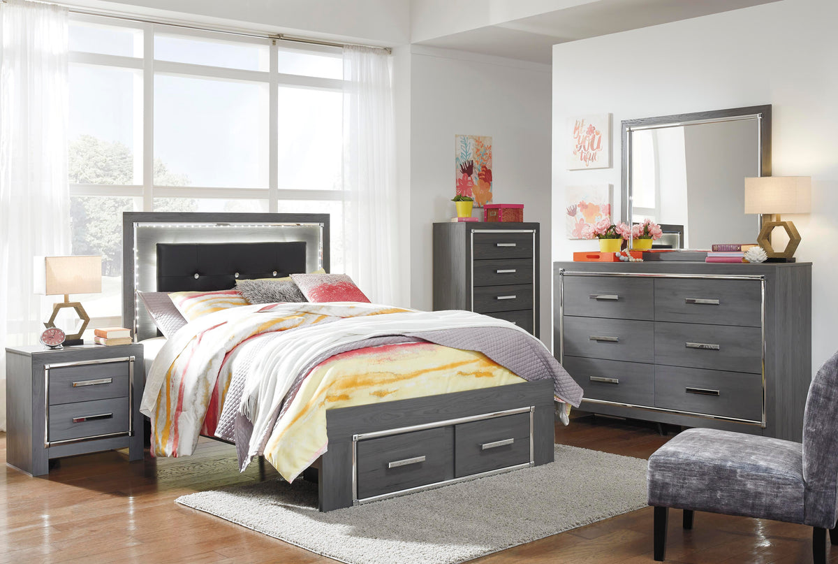 Lodanna Panel Bed with 2 Storage Drawers Set - Full, Mirrored Dresser, Chest and 2 Nightstands