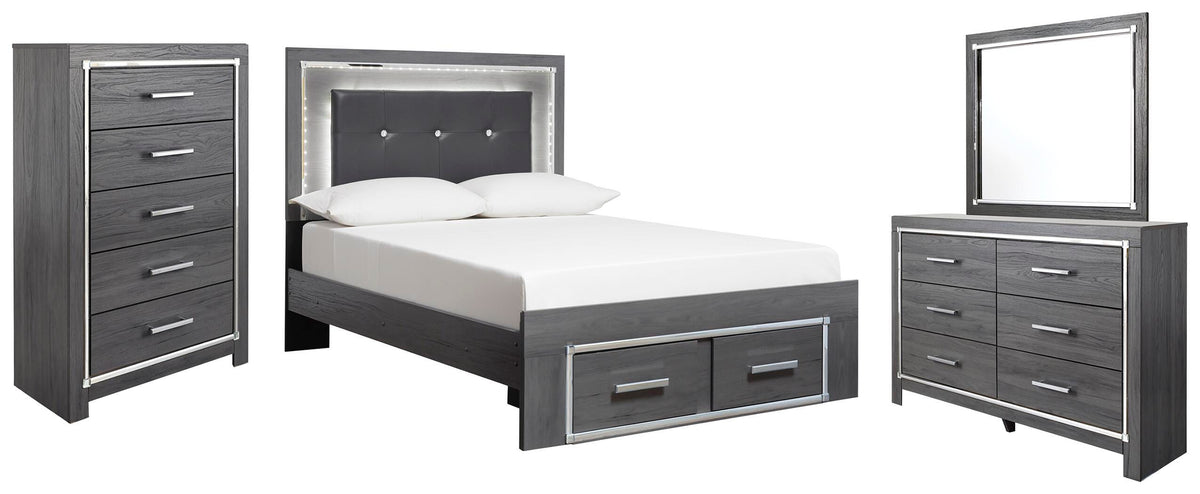 Lodanna Panel Bed with 2 Storage Drawers Set - Full, Mirrored Dresser and Chest