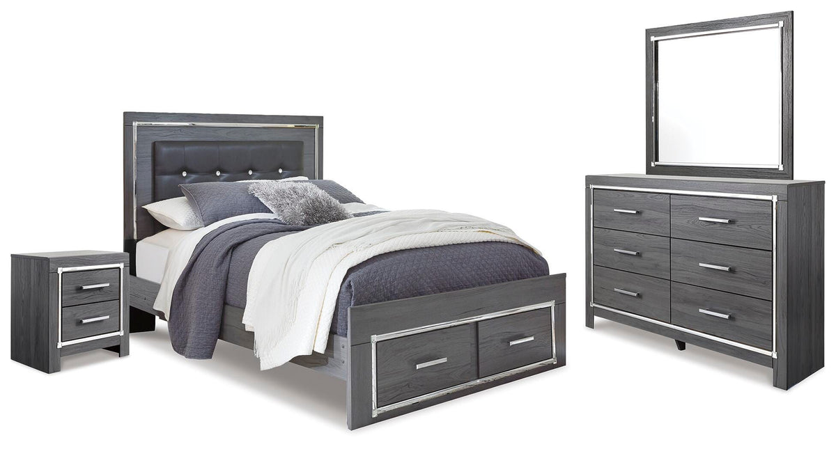 Lodanna Panel Bed with 2 Storage Drawers Set - Queen, Dresser, Mirror and Nightstand
