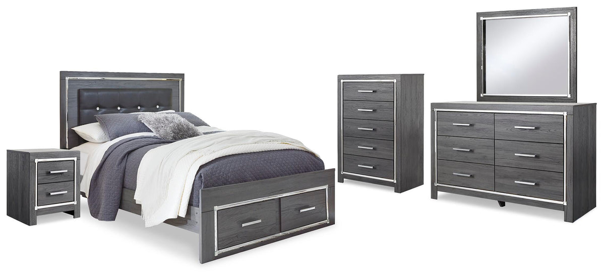 Lodanna Panel Bed with 2 Storage Drawers Set - Queen, Mirrored Dresser, Chest and Nightstand