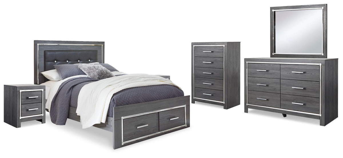 Lodanna Panel Bed with 2 Storage Drawers Set - Queen, Mirrored Dresser, Chest and 2 Nightstands
