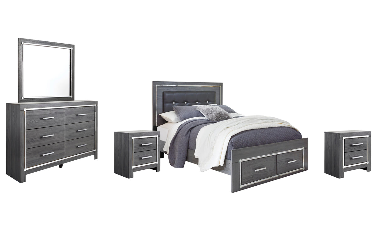 Lodanna Panel Bed with 2 Storage Drawers Set - Queen, Mirrored Dresser and 2 Nightstands