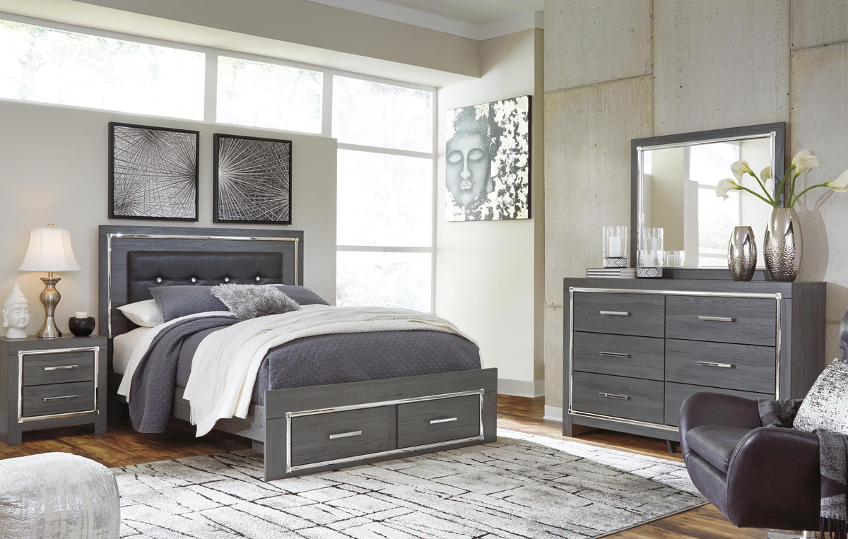 Lodanna Panel Bed with 2 Storage Drawers Set - Queen, Mirrored Dresser and 2 Nightstands