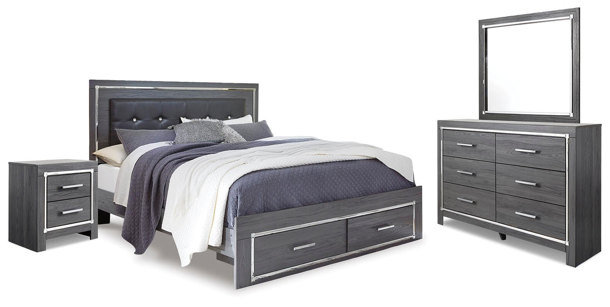 Lodanna Panel Bed with 2 Storage Drawers Set - King, Dresser, Mirror and Nightstand