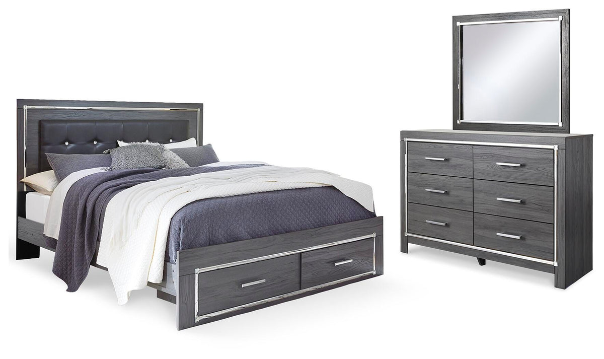 Lodanna King Panel Bed with 2 Storage Drawers with Mirrored Dresser