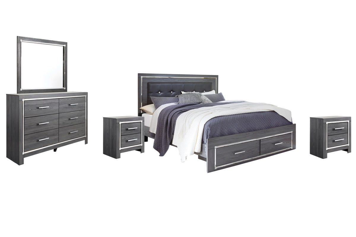 Lodanna Panel Bed with 2 Storage Drawers Set - King, Mirrored Dresser and 2 Nightstands