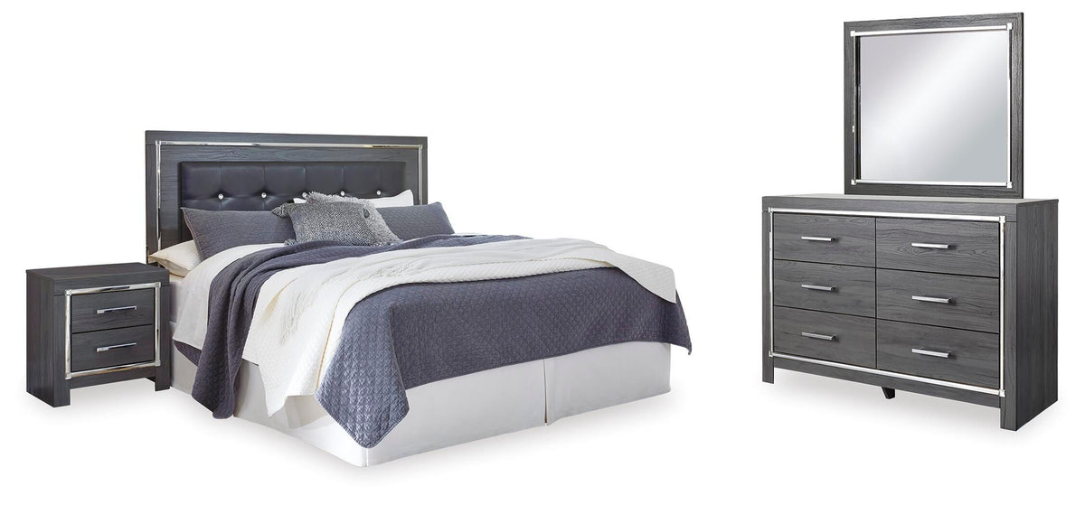 Lodanna King Upholstered Panel Headboard, Dresser, Mirror, and Nightstand