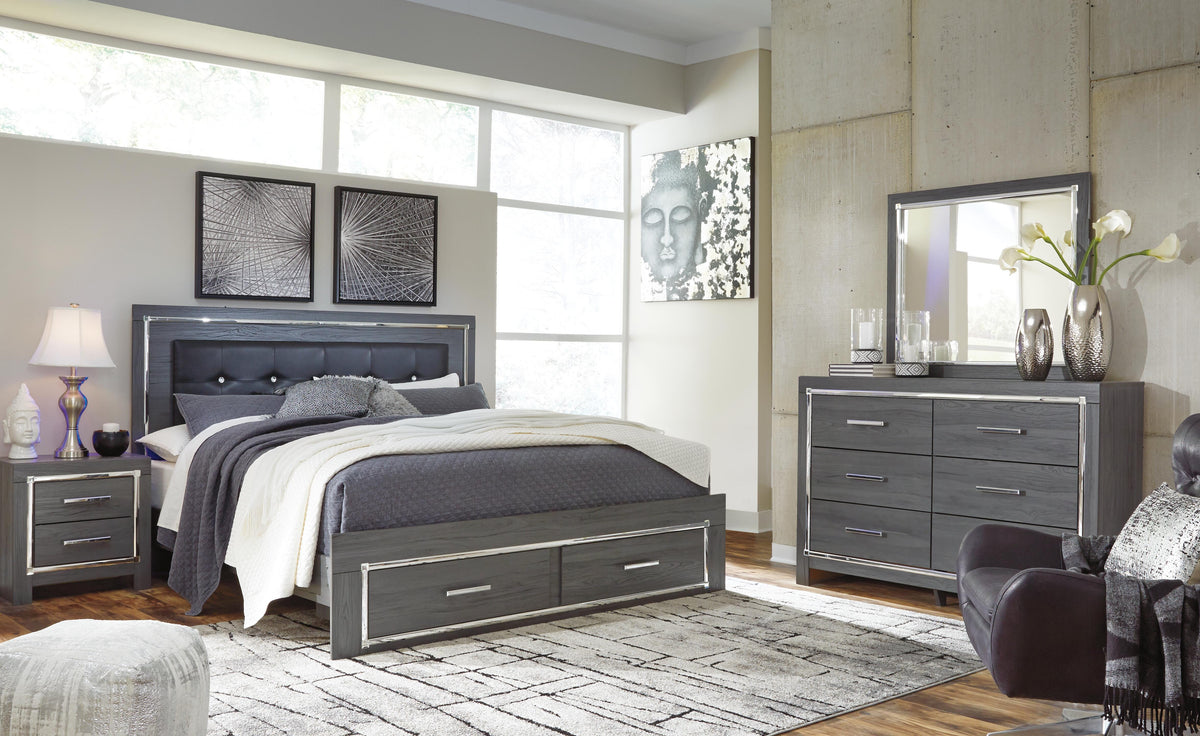 Lodanna King Uph Panel Storage Bed, Dresser, Mirror, Chest and Nightstand