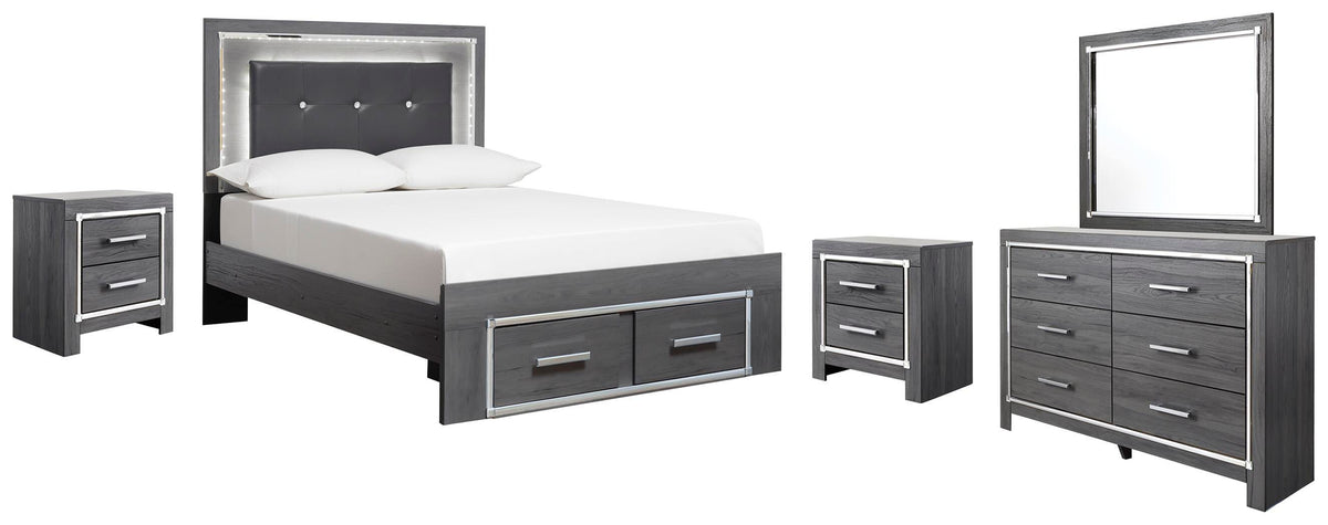 Lodanna Panel Bed with 2 Storage Drawers Set - Full, Mirrored Dresser and 2 Nightstands