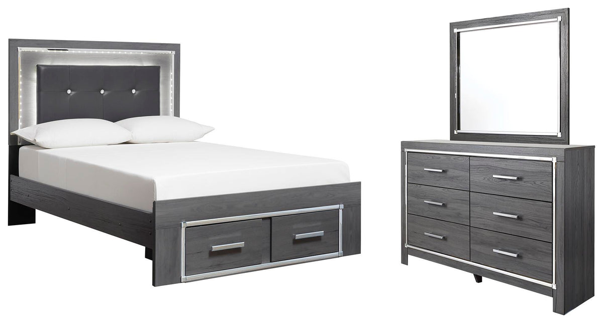 Lodanna Panel Bed with 2 Storage Drawers Set - Full, Mirrored Dresser