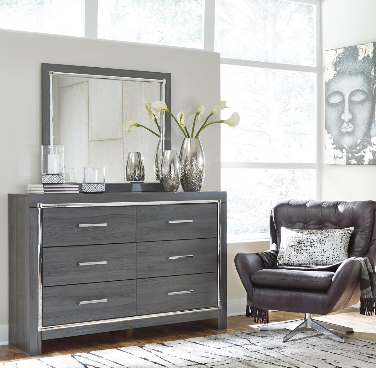 Lodanna Queen Upholstered Panel Storage Bed, Dresser and Mirror