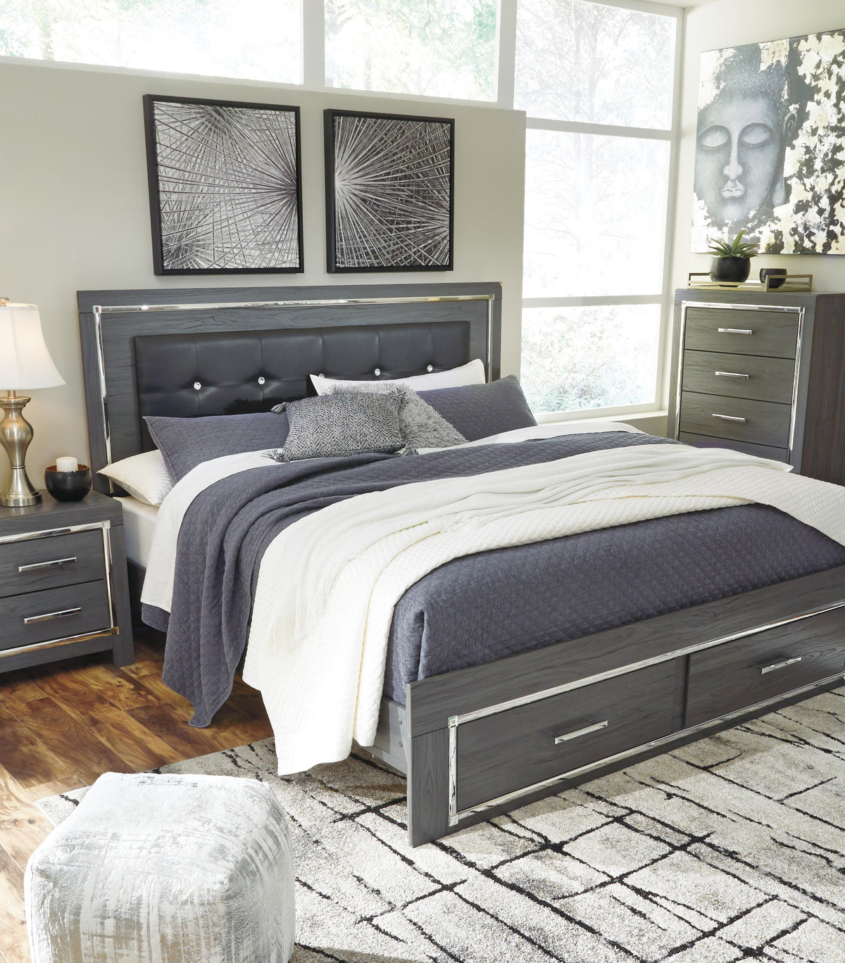 Lodanna Panel Bed with 2 Storage Drawers Set - King, Dresser, Mirror and Nightstand