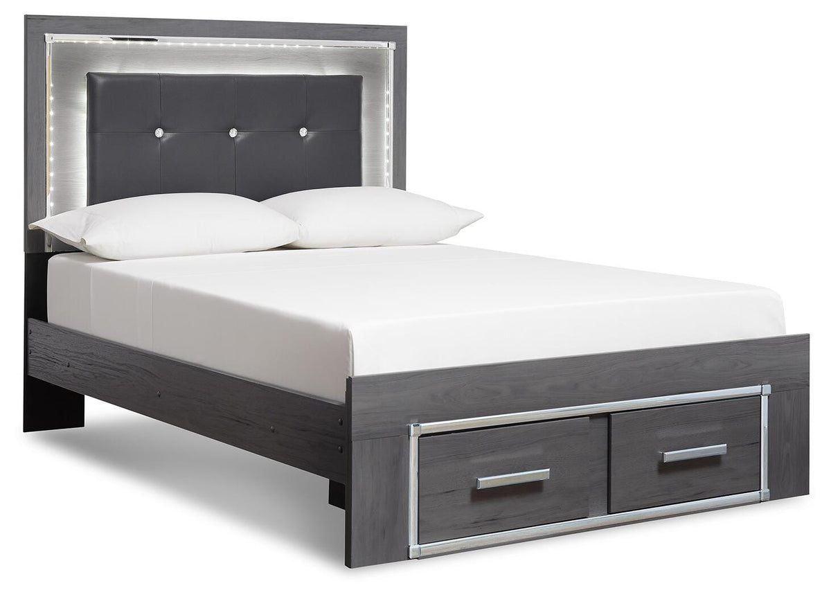 Lodanna King Uph Panel Storage Bed, Dresser, Mirror, Chest and Nightstand