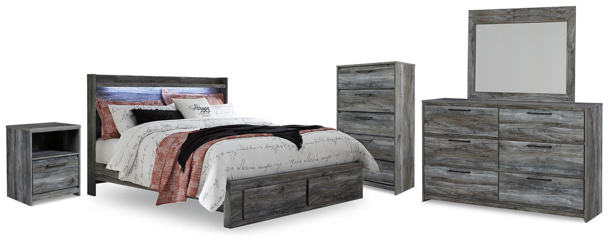 Baystorm King Panel Storage Bed, Dresser, Mirror, Chest and Nightstand