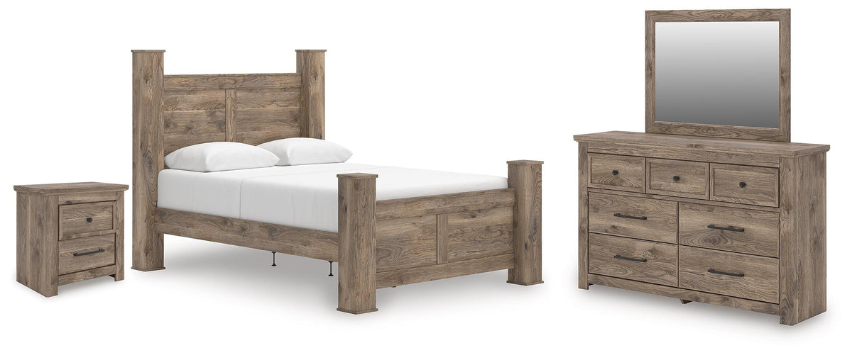 Rusticott Poster Bed Set - Queen, Mirrored Dresser and Nightstand
