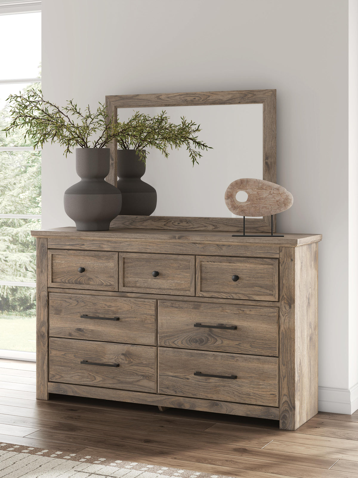Rusticott Queen Poster Bed, Dresser, Mirror and Nightstand