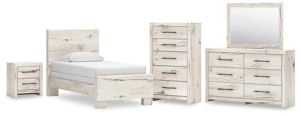 Lawroy Panel Bed Set - Twin, Dresser, Mirror, Chest and Nightstand