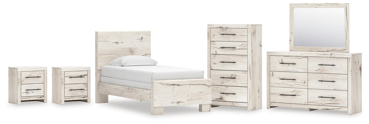Lawroy Panel Bed Set - Twin, Dresser, Mirror, Chest and 2 Nightstands