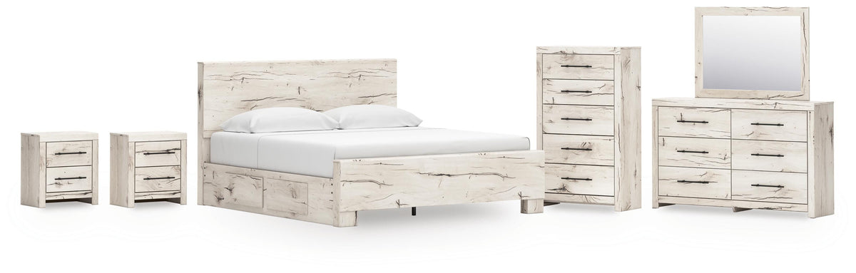 Lawroy King Panel Bed with Storage, Dresser, Mirror, Chest and 2 Nightstands