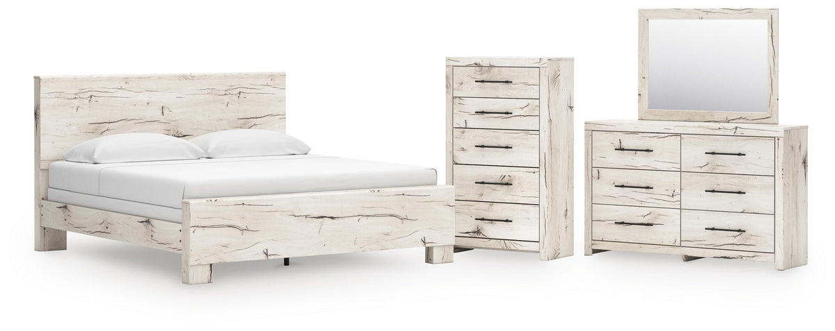 Lawroy Panel Bed Set - King, Dresser, Mirror and Chest