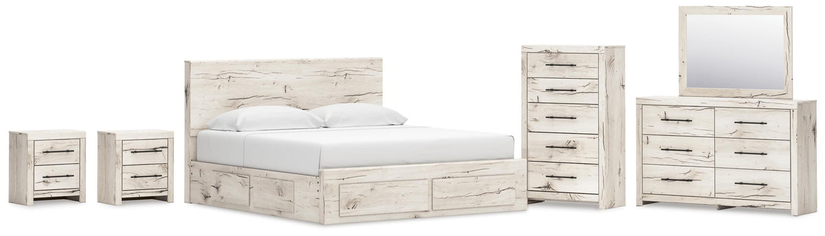 Lawroy King Panel Storage Bed, Dresser, Mirror, Chest and 2 Nightstands