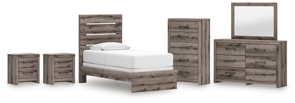 Graystorm Panel Bed Set - Twin, Dresser, Mirror, Chest and 2 Nightstands