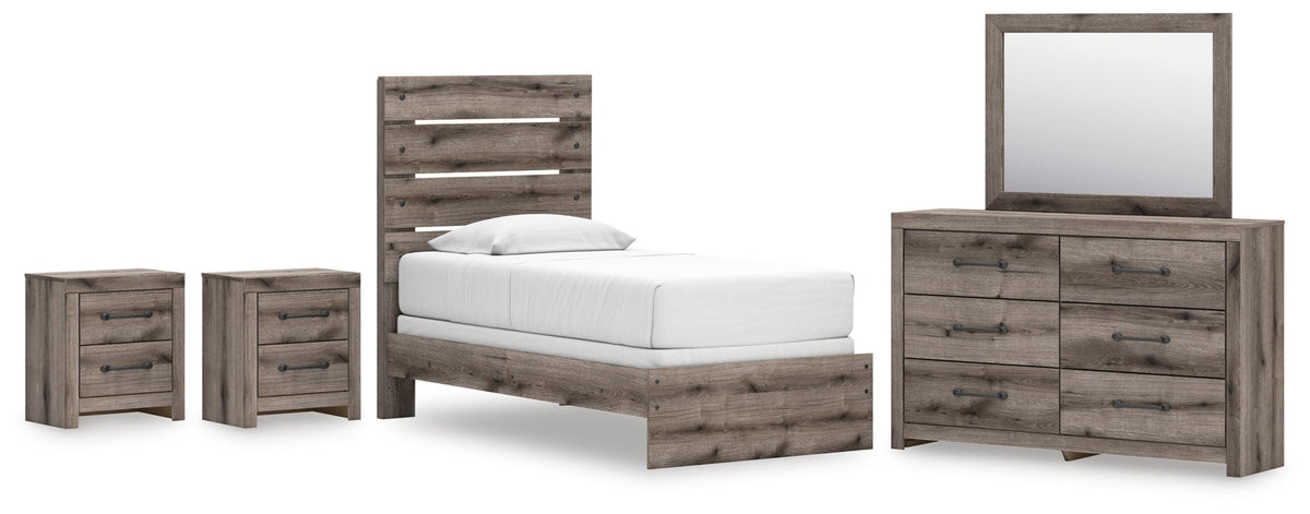 Graystorm Panel Bed Set - Twin, Dresser, Mirror and 2 Nightstands