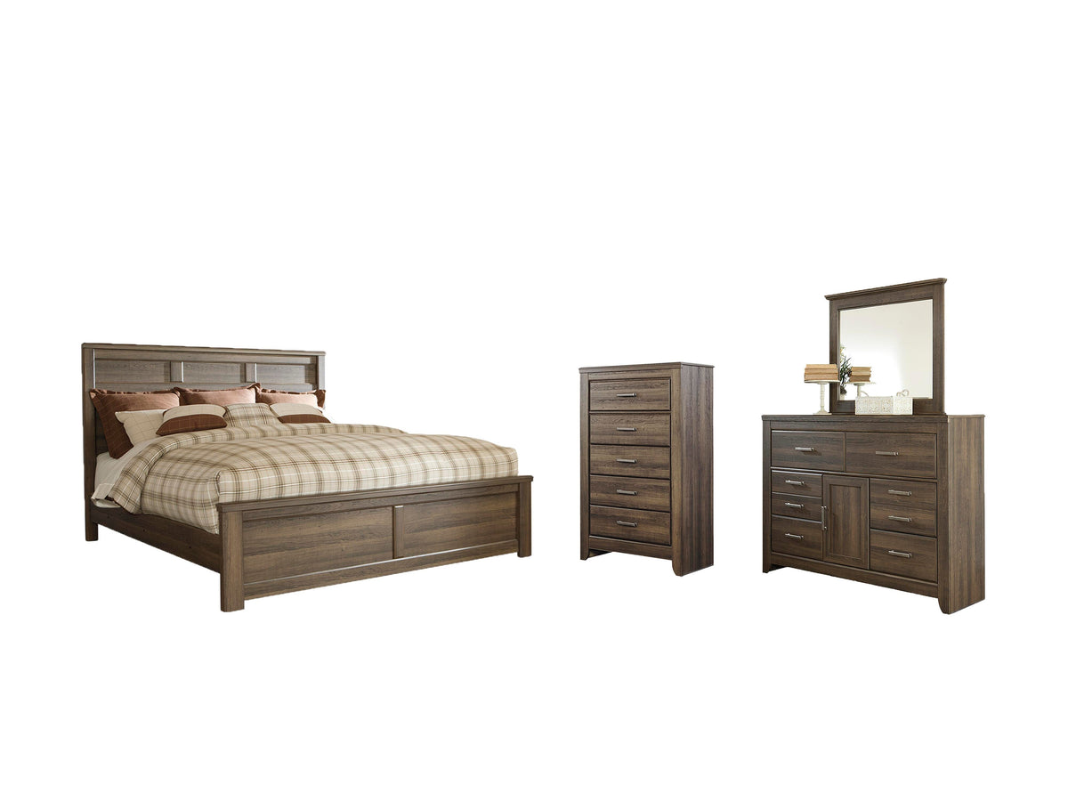 Juararo Panel Bed Set - Queen, Mirrored Dresser and Chest