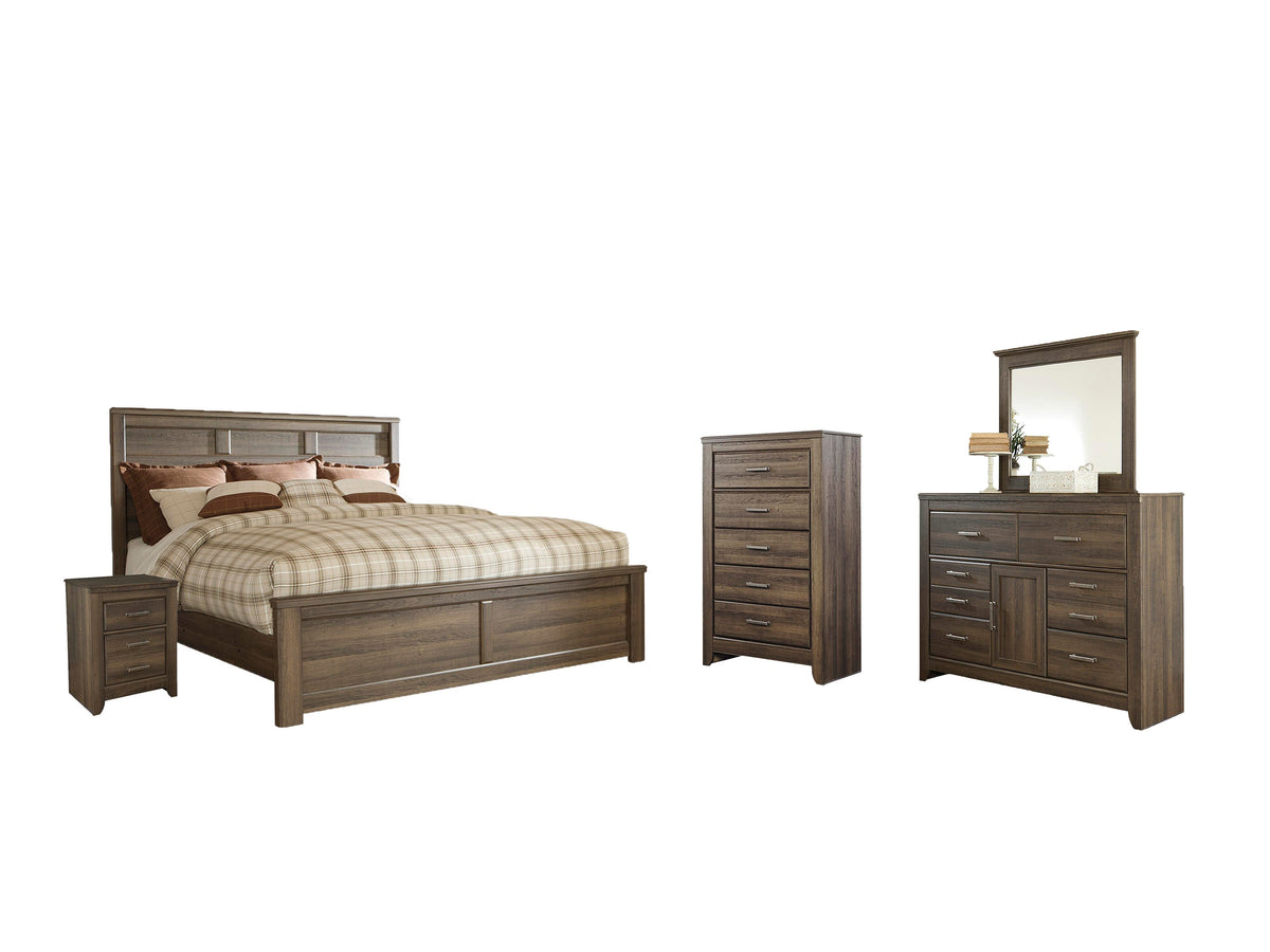 Juararo Panel Bed Set - Queen, Mirrored Dresser, Chest and Nightstand