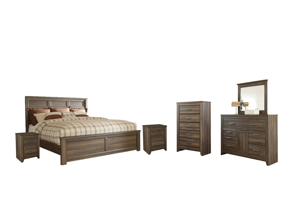 Juararo Panel Bed Set - Queen, Mirrored Dresser, Chest and 2 Nightstands