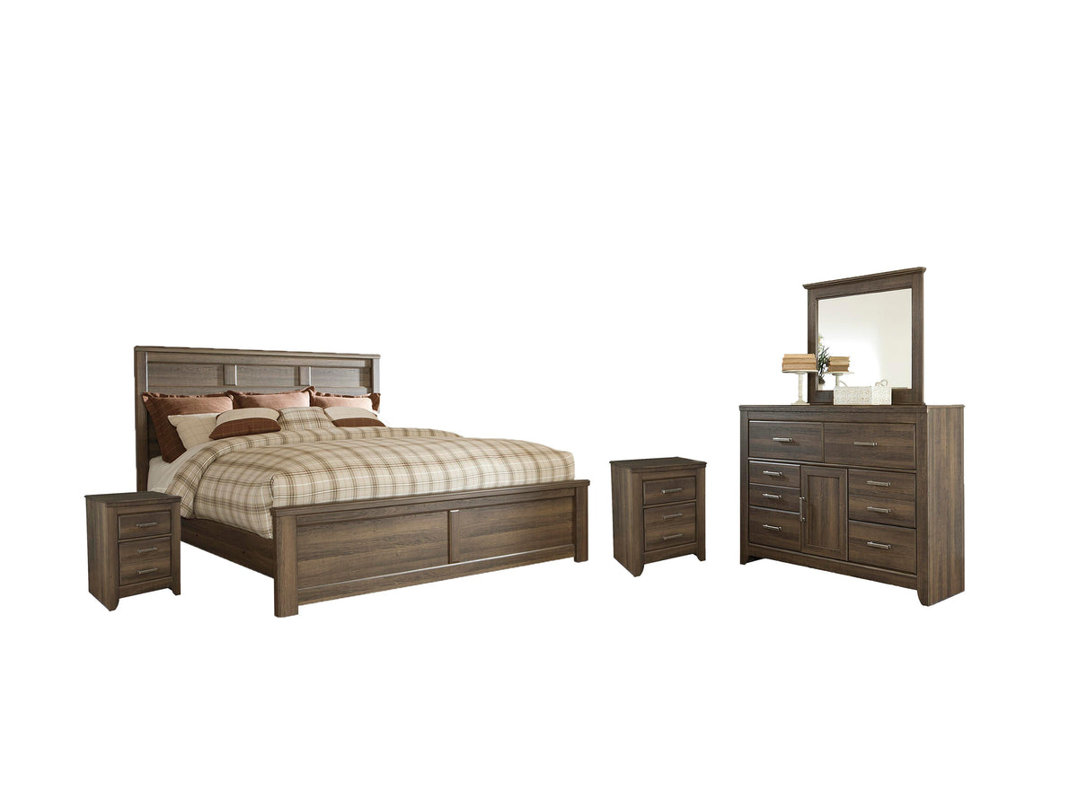 Juararo Panel Bed Set - Queen, Mirrored Dresser and 2 Nightstands