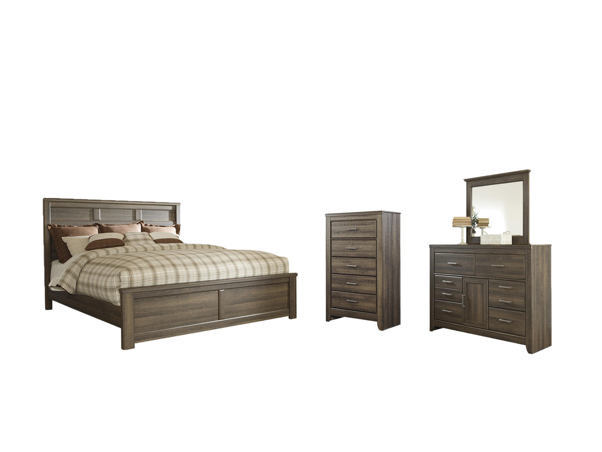 Juararo Panel Bed Set - California King, Mirrored Dresser and Chest