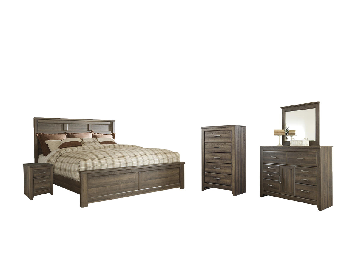 Juararo Panel Bed Set - California King, Mirrored Dresser, Chest and Nightstand