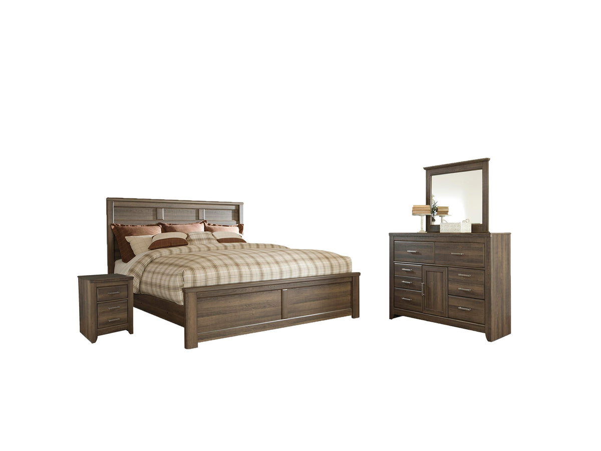 Juararo Panel Bed Set - King, Mirrored Dresser and 2 Nightstands