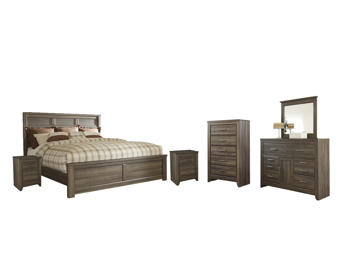 Juararo Panel Bed Set - California King, Mirrored Dresser, Chest and 2 Nightstands