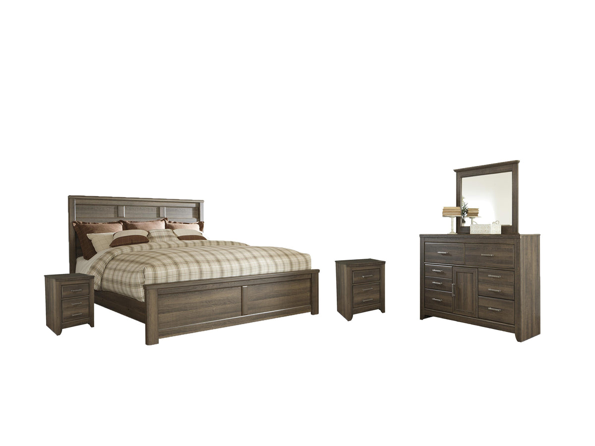 Juararo Panel Bed Set - California King, Mirrored Dresser and 2 Nightstands